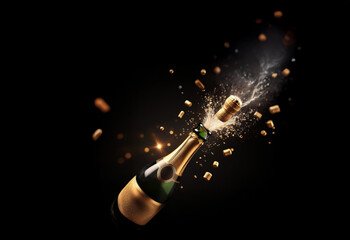 Aufkleber - A champagne bottle explodes, releasing a golden spray and cork against a dark background.  The celebratory moment is captured with sparkling detail.