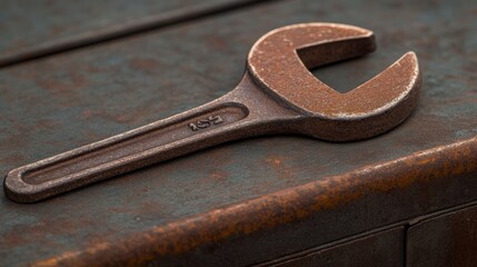 Poster - Rusty Wrench Rests On Weathered Metal Surface