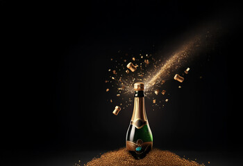 Aufkleber - Champagne bottle cork popping with golden confetti and sparkling burst against a dark background.  Celebration, festive, and luxurious feel.