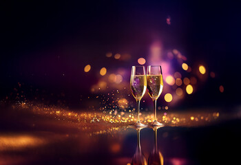 Poster - Two champagne flutes filled to the brim, sparkle against a backdrop of warm, golden bokeh lights, perfect for toasting a celebration.