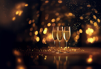 Poster - Three champagne flutes filled to the brim, sparkle against a warm, bokeh background.  Perfect for celebrations and festive occasions.