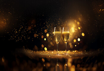 Poster - Two champagne flutes filled to the brim, sparkle against a bokeh background of warm gold lights and glitter.  A celebratory, festive scene.