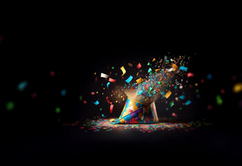 Poster - A colorful party hat explodes, showering vibrant confetti and sparkles against a dark background. The burst of color and energy creates a festive and exciting scene.