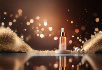 Leinwandbilder - A luxurious amber cosmetic spray bottle sits on a minimalist stand, adorned with pearl accents against a bokeh backdrop.  The product's shimmering contents suggest a high-end, possibly illuminating, f