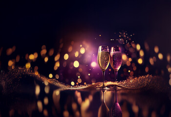 Poster - Two champagne flutes filled to the brim, sparkle against a rich purple and gold bokeh background.  A celebratory scene, perfect for toasting.