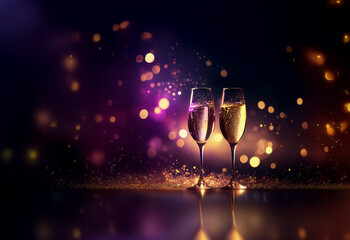Poster - Two champagne flutes filled to the brim, sparkling against a backdrop of warm, purple bokeh lights.  A celebratory scene, perfect for toasting.