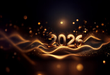 Poster - Golden 2026 numerals rest on shimmering, undulating waves.  A luxurious, celebratory New Year's image, glowing with festive light.
