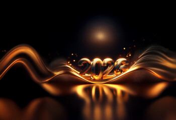 Poster - Golden 2026 numerals rest on a dark, shimmering, wavy surface.  Glowing lights accentuate the luxurious feel, signifying the arrival of a new year.