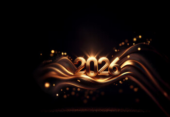 Poster - Golden 2026 numerals rest on elegant, dark, flowing waves.  Sparkling lights add a celebratory feel, perfect for New Year's greetings.