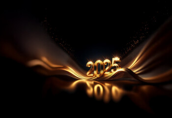 Poster - Elegant golden 2025 numerals rest on shimmering, dark gold waves.  A luxurious, celebratory design perfect for New Year's greetings.