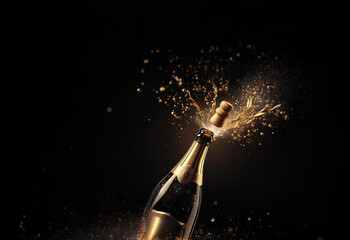 Poster - Champagne bottle cork popping, golden liquid splashing against a dark background.  A celebratory moment captured in vibrant detail.