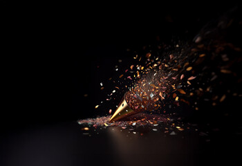 Poster - A metallic gold party cone erupts with a burst of colorful confetti, exploding against a dark background.  The image showcases dynamic movement and celebration.