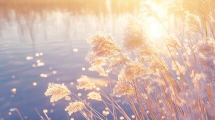 Poster - Golden Grass Illuminated By Sunset Over Water