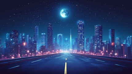Wall Mural - futuristic city skyline at night, viewed from an empty highway leading towards it under a bright moo