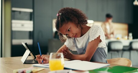 Aufkleber - Child, elearning and family home with tablet, online course and writing notes for education or study. Young girl and student on technology for knowledge, development and growth in math or creativity