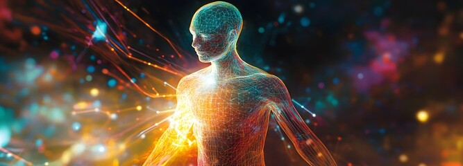 Wall Mural - a translucent hologram of a human figure, with glowing lines running through the body, suspended in 