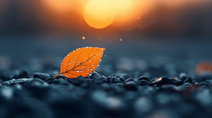 Aufkleber - vibrant orange leaf with water droplets rests on dark pebbles at sunset