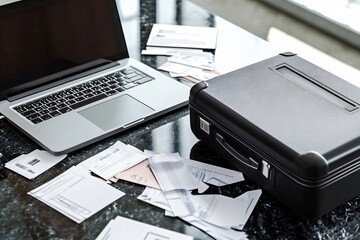 Poster - A laptop next to a briefcase surrounded by scattered documents on a desk.