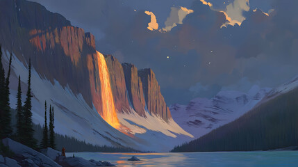 Wall Mural - Majestic sunset illuminates a fiery waterfall cascading down snow-capped mountains into a serene lake.