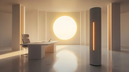 Wall Mural - Minimalist office interior with large window, desk, chair, and futuristic air purifier.