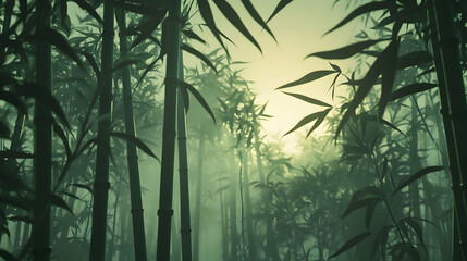 Wall Mural - misty bamboo forest at sunrise, tall green stalks, sunlight filtering through leaves, serene atmosph