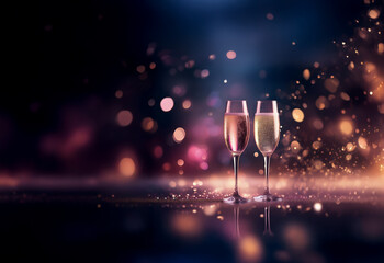Poster - Two champagne flutes, one rose and one gold, stand on a sparkling surface against a bokeh background of purple and gold lights. Perfect for celebration.
