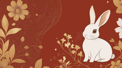 Rabbit illustration on red festive floral design