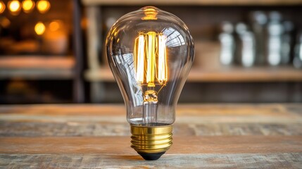 Poster - Illuminated Vintage Style Light Bulb On Wooden Surface