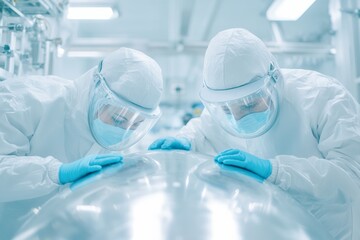 Poster - Futuristic Engineers in Protective Gear Assembling High-Tech Satellite in Laboratory