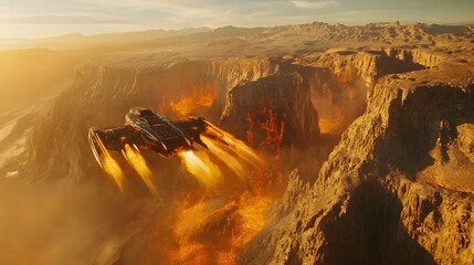Poster - A spacecraft flying over a vast alien canyon, with vibrant, abstract shapes glowing on its walls.
