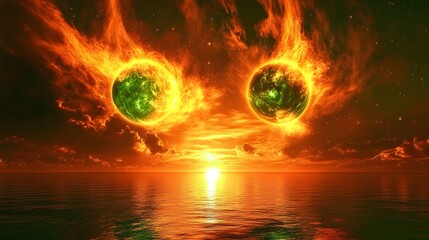 Poster - A surreal view of twin suns rising over an alien ocean made of liquid glass, reflecting vibrant auroras.