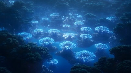 An abstract aerial shot of a glowing alien forest, with symmetrical clusters of bioluminescent trees creating patterns in the landscape.