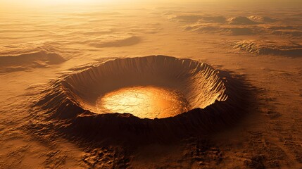 Poster - Aerial view of an alien crater filled with shimmering liquid metal, surrounded by symmetrical ridges of glowing rock.