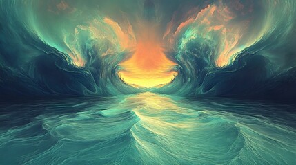 Aufkleber - An abstract view of an alien ocean with symmetrical waves glowing faintly under a vibrant alien sky.