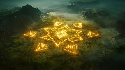 Poster - An aerial perspective of a vast alien plain covered in glowing geometric formations and symmetrical patterns.