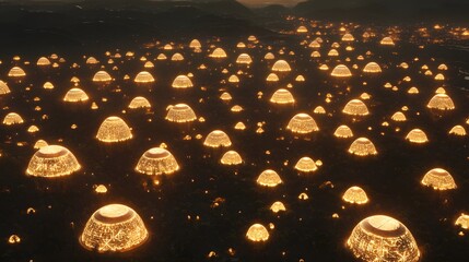 Poster - An aerial perspective of a vast alien plain covered in glowing geometric formations and symmetrical patterns.