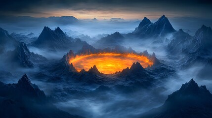 Poster - Aerial view of a symmetrical glowing crater surrounded by jagged alien peaks and swirling mist.