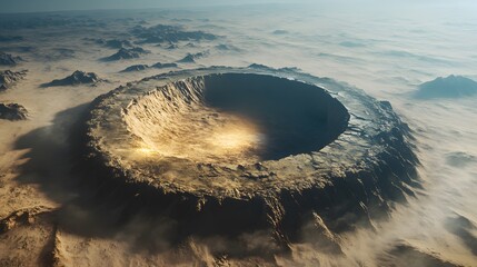 Poster - Aerial view of a symmetrical glowing crater surrounded by jagged alien peaks and swirling mist.