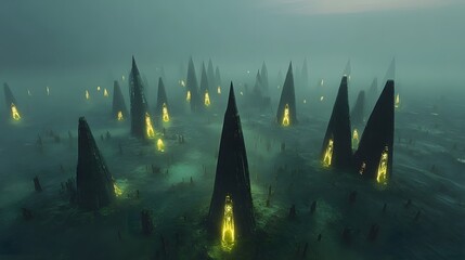 Poster - A symmetrical landscape of glowing alien towers rising from a flat plain, viewed from above.