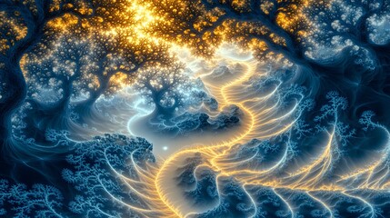 Poster - A symmetrical view of an alien river delta glowing softly as it branches into fractal patterns.