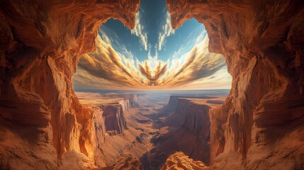 Poster - A symmetrical view of glowing alien rock arches framing a vast canyon stretching into the distance.