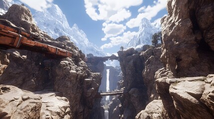 Poster - A symmetrical view of a glowing alien waterfall cascading down a canyon surrounded by jagged peaks.
