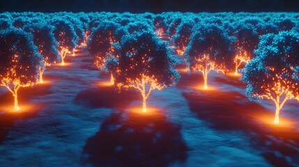 Poster - Aerial view of glowing alien forests arranged in perfect symmetrical clusters across a vibrant plain.