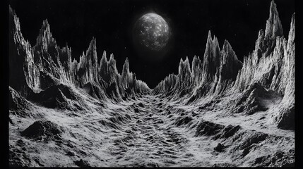 Poster - A symmetrical view of a glowing alien waterfall cascading down a canyon surrounded by jagged peaks.