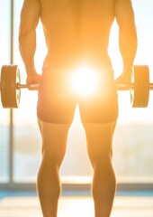 Poster - Athletic Male Lifting Weights in a Sunlit Gym, Showcasing Strength and Determination