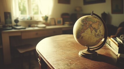 Poster - Antique Globe Rests on Wooden Desk Near Window