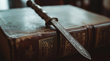 Poster - Ornate Dagger Rests Upon Antique Leather Bound Book