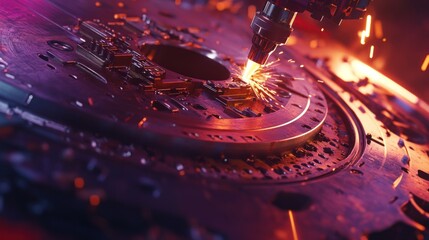 Poster - Industrial robotic arm laser cutting metal plate