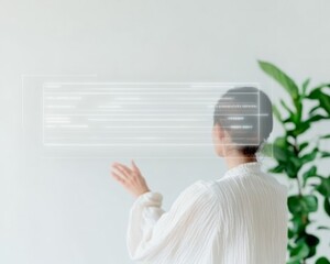 Poster - Woman Engaging with Holographic Interface in Contemporary Living Room Setting