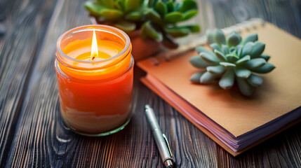 Burning candle in a glass jar, with a succulent and notebook on a wooden background, close-up.